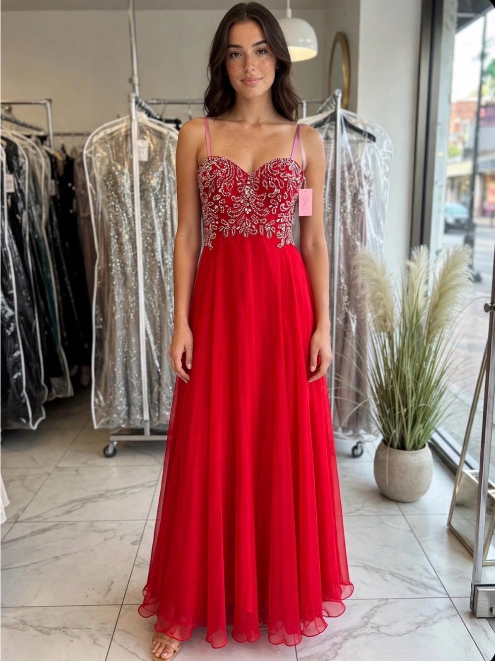 Red Beaded Sweetheart A-Line Prom Dress